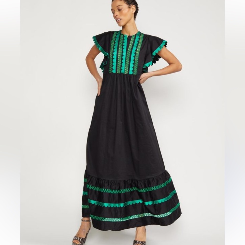 Cynthia Rowley Nairobi Kaftan Maxi Dress with Green Embroidery small